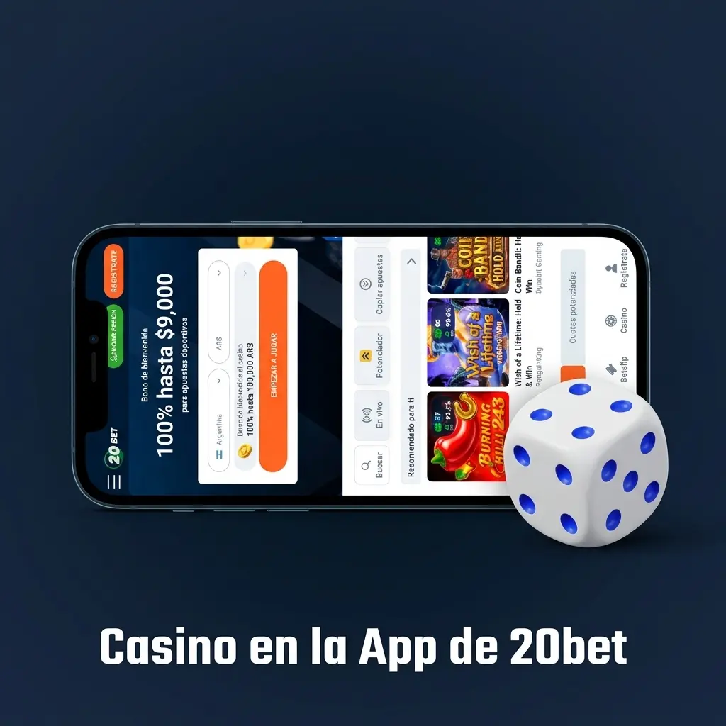 Sección de casino en la app de 20bet con tragamonedas, juegos de mesa y casino en vivo con dealers reales