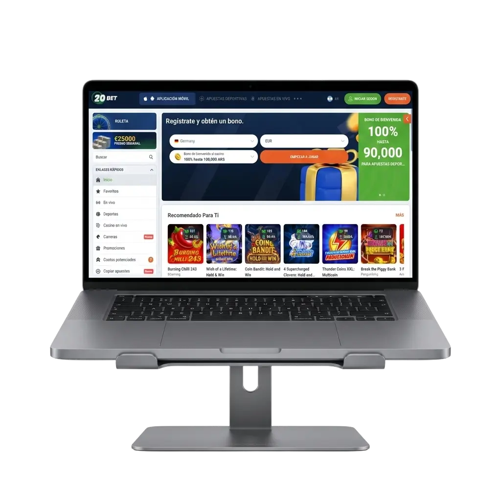 Interfaz de 20bet con opciones de apuestas deportivas y casino online disponibles para jugadores argentinos
