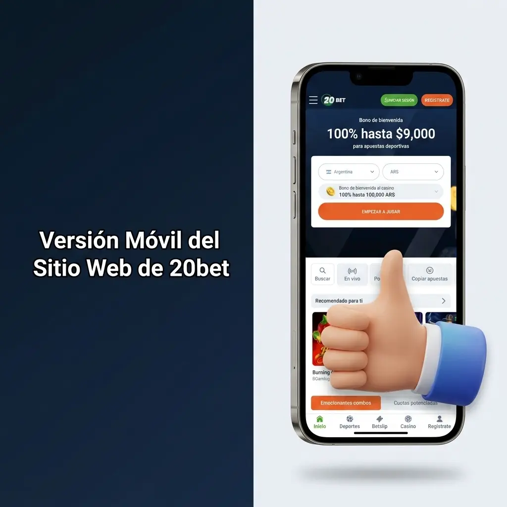 Sitio web móvil de 20bet accesible desde smartphone o tablet para apuestas deportivas y casino